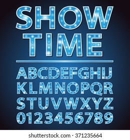 Vector blue neon lamp letters font show cinema or theather