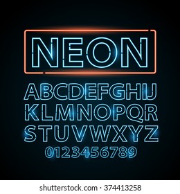 Vector blue neon lamp letters font show vegas light sign theater