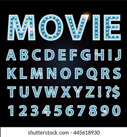 Vector blue neon lamp letters font show cinema or theather