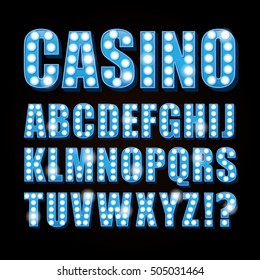 Vector blue neon lamp letters font show casino or theather