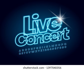 Vector Blue Neon poster Live Concert with Uppercase Font. Illuminated bright Alphabet Letters and Numbers