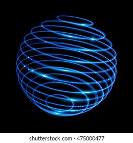 Vector blue neon sphere circles light train effect. Glowing atom structure with magic neon ring trace. Glitter sparkle swirl trail effect on black background