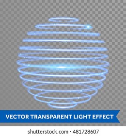Vector blue neon sphere circles light train effect. Glowing atom structure with magic neon ring trace. Glitter sparkle swirl trail effect on transparent background