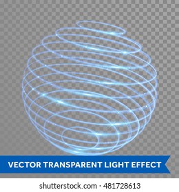 Vector blue neon sphere circles light train effect. Glowing atom structure with magic neon ring trace. Glitter sparkle swirl trail effect on transparent background