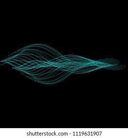 Vector blue neon waves from dots on black background.