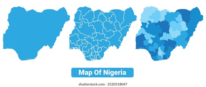 Vector Blue Nigeria political maps with borders regions simple flat illustration set 