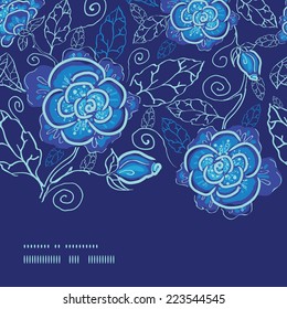 Vector blue night flowers horizontal frame seamless pattern background