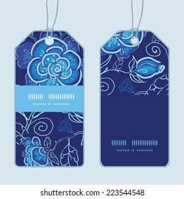 Vector blue night flowers vertical stripe frame pattern tags set