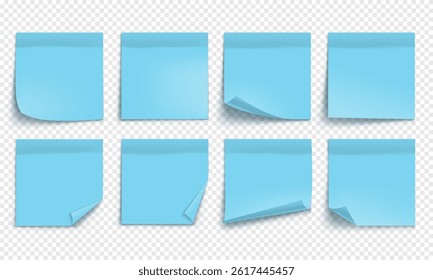 Vector blue note paper isolated on transparent background. Realistic sticky note. Mockup of blue note paper for design.