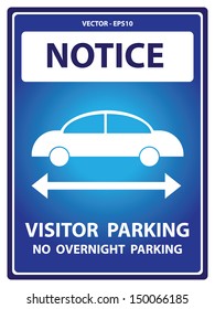 Vector : Blue Notice Plate For Safety Present By Notice and Visitor Parking No Overnight Parking Text With Car Sign Isolated on White Background 