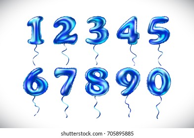 Vector Blue Number 1, 2, 3, 4, 5, 6, 7, 8, 9, 0 Metallic Balloon. Party Decoration Golden Balloons. Anniversary Sign For Happy Holiday, Celebration, Birthday, Carnival, New Year. Art