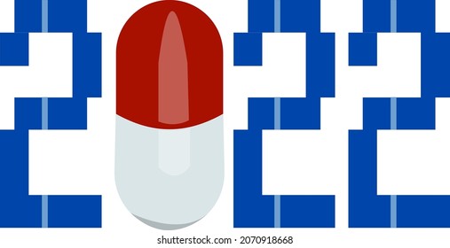 Vector blue numbers 2022 with medicine pill for poster, brochure, banner, ticket. Numbers and handwritten letters isolated on white background. Happy new year 2022.