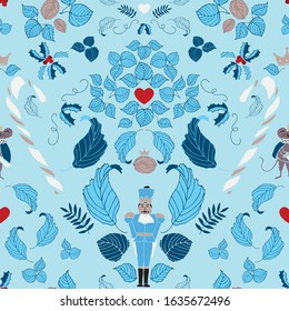 Vector Blue Nutcracker main seamless storytelling, festive pattern design. Adds a fine and gorgeous luxurious look to a product. For fabric, paper, packaging, kitchen items, dining items, cards, gifts