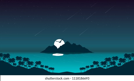 vector blue ocean under night sky and meteor shower, full moon with reflection, exotic island and palm trees, bird silhouette