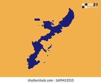 Mapa azul vector de Okinawa sobre fondo amarillo.