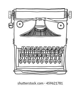 vector blue old Typewriter hand drawn cute line art illustration