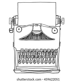 vector blue old Typewriter with paper  hand drawn cute line art illustration