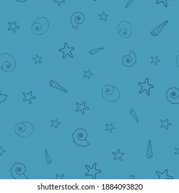 Vector Blue on Blue Seashells seamless pattern perfect for invitations, packaging, wallpaper, fabric, and scrapbooking.  Contact me for custom projects-fine art, illustrations, and vector designs.