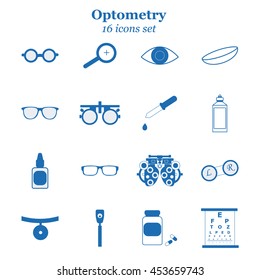 Vector Blue Optometry Icon Set. Optician, Ophtalmology, Vision Correction, Eye Test, Eye Care, Eye Diagnostic