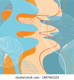 Vector blue and orange abstract background with hand drawn elements