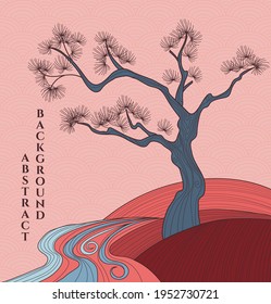 ilustración abstracta vectorial azul y naranja del árbol, el color principal es la abstracción anaranjada, japonesa
