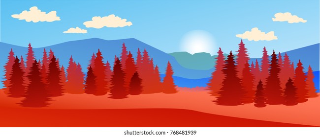 Vector blue and orange background Nature landsacape Mountain and Spruce forest - for card, background, banner, website, animation