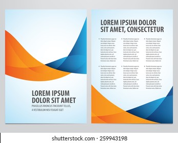 Vector blue and orange business brochure, flyer template. Modern wave corporate design.