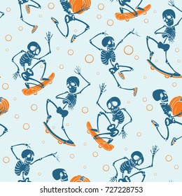 Vector blue and orange dancing and skateboarding skeletons Haloween repeat pattern background. Great for spooky fun party themed fabric, gifts, giftwrap.