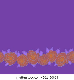 Vector blue, orange and violet rose flowers horizontal seamless pattern with copy space (place for your text).