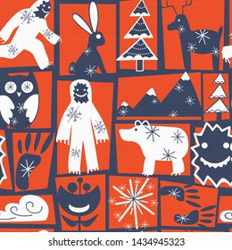 Vector blue orange and white folk art Yeti with winter forest critters seamless pattern. Playful illustration perfect for wallpaper, wrapping paper, seasonal decor or children's textiles