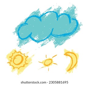 vector blue orange yellow crayon effect cloud, sun and moon. isolated on white
