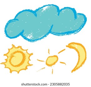 vector blue orange yellow crayon effect cloud, sun and moon. isolated on white
