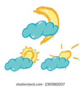 efecto de crayón amarillo anaranjado vectorial nube, sol y luna. aislado en blanco
