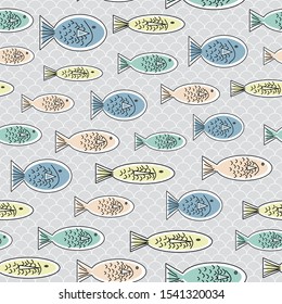 Vector Blue Orange Yellow and Green Fish on Gray Background Seamless Repeat Pattern. Background for textiles, cards, manufacturing, wallpapers, print, gift wrap and scrapbooking.