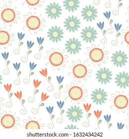 Vector Blue Orange Yellow and Green Flowers on White Background Seamless Repeat Pattern. Background for textile, book covers, manufacturing, wallpapers, print, gift wrap and scrapbooking.