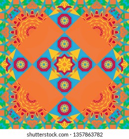 Vector blue, orange and yellow simple mandala optical illusion, psychedelic trippy abstract seamless pattern texture. Vector illustration.