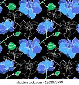 Vector Blue Orchid. Floral botanical flower. Engraved ink art. Seamless background pattern. Fabric wallpaper print texture.