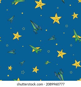 Papel de color azul vector Origami Plano de avión y fondo de cohete