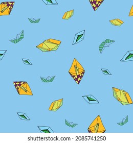 Vector Blue Origami paper boats background pattern