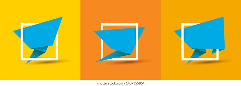 vector blue origami paper speech bubble set isolated on orange background.  Vector abstract blue background for web, flyer, poster or banner design