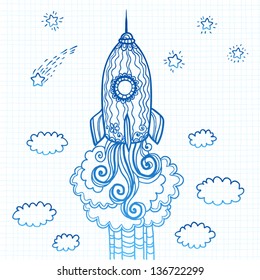Vector blue ornate doodles rocket starting to space
