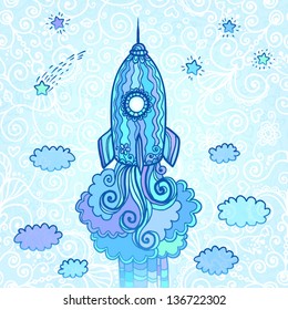 Vector blue ornate doodles rocket starting to space