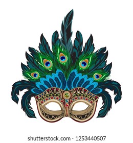 Vector blue ornate Venetian carnival mask with colorful feathers