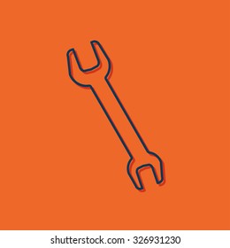 Vector blue outline adjustable wrench icon on orange background with shadow 