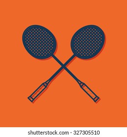 Vector blue outline badminton icon on orange background with shadow 