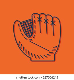 Vector blue outline baseball glove icon on orange background with shadow 