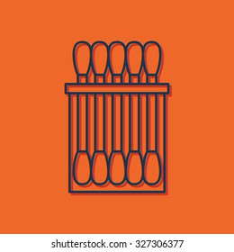 Vector blue outline cotton swabs icon on orange background with shadow 