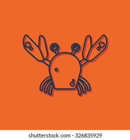 Vector blue outline crab icon on orange background with shadow 