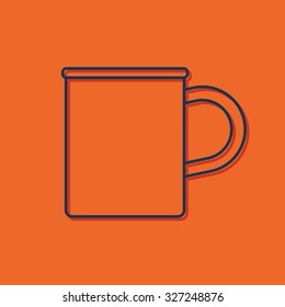 Vector blue outline cup for tea or coffee icon on orange background with shadow 