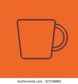 Vector blue outline cup for tea or coffee icon on orange background with shadow 